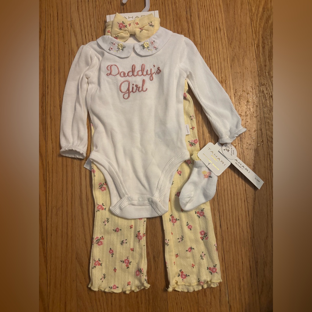 Tahari Kids 4-Piece Embroidered ‘Daddy's Girl’ Pants Outfit - Size 6/9 Months